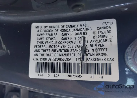 2013 Honda Civic Lx из США, поврежденный, VIN 2HGFB2F52DH565954